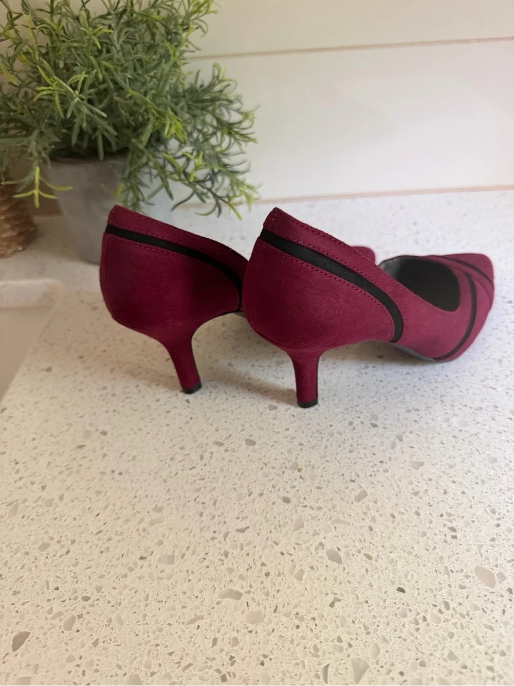 East 5th Plum Suede Pointed-Toe Pumps with Black Trim